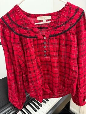LOFT Red Plaid Button-Front Peasant Blouse with Black Trim